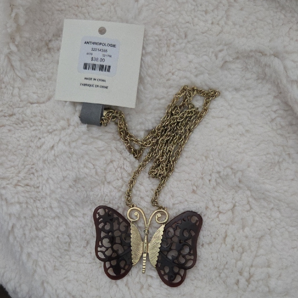 Anthropologie Gold and Brown Filigree Butterfly Necklace